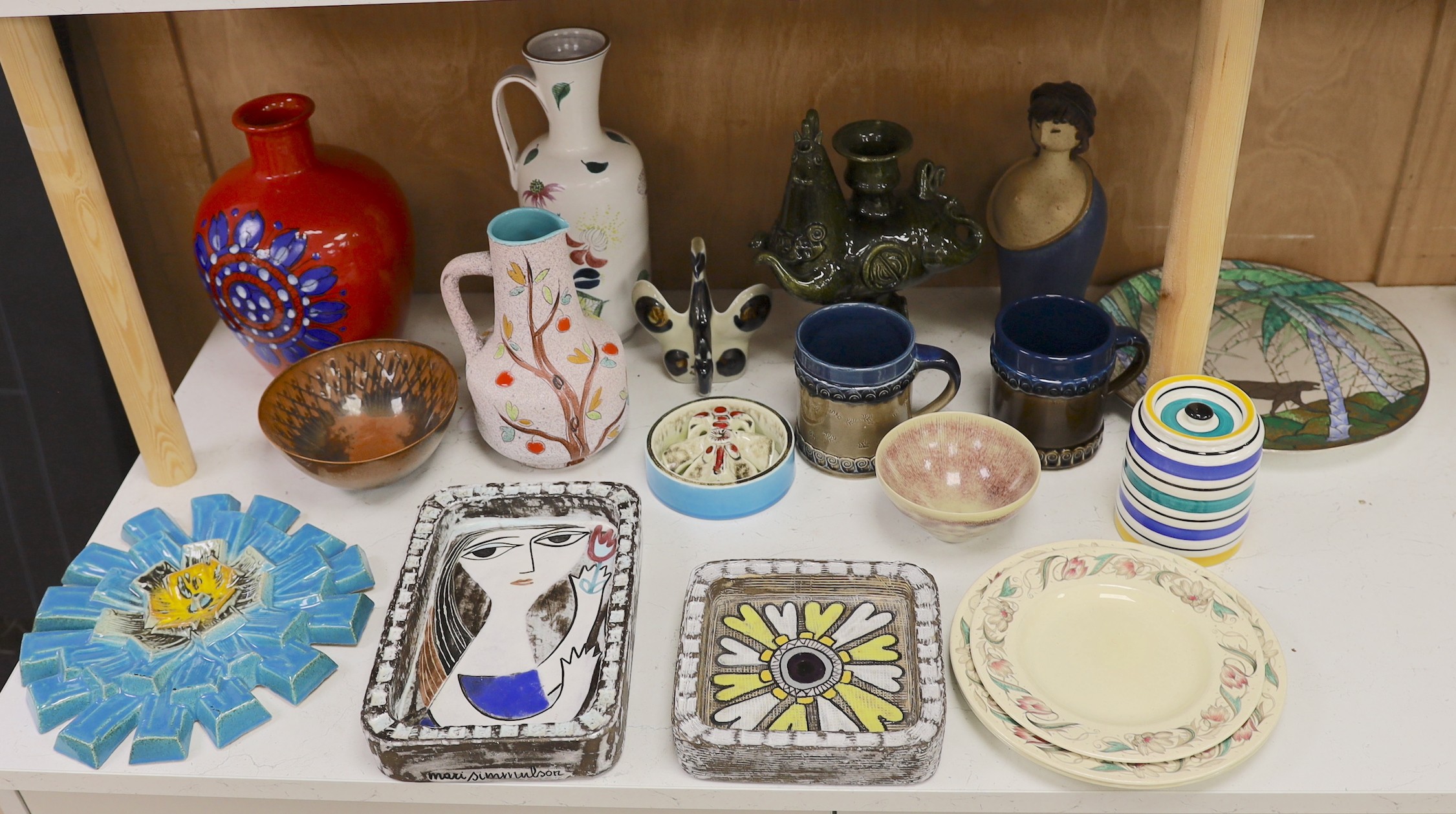 A Scandinavian Mari Simmulson rectangular figural pottery dish, with other assorted Scandinavian and European ceramics, including three Susie Cooper plates, dish: 18cms wide x 27cms high.